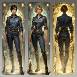 a digital concept ar by artgerm and greg rutkowski and alphonse mucha. three - view drawing full body!! t pose!! clear portrait of a lonely attractive machinist in uniform!! future factory, sci - fi repair tool, light effect. hyper detailed, character concept, glowing lights!! intricate, elegant, digital painting, artstation, smooth, sharp focus
