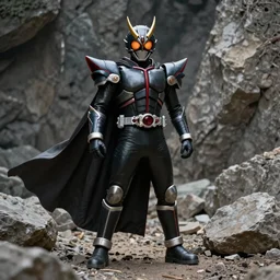 High Fantasy Kamen Rider with a flowing cape, single character, full body, 4k, rock quarry location, glowing eyes, rubber suit, fantasy inspired dragon armor, ultra realistic, high quality, cinematic, centered, cinematography