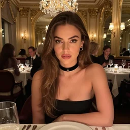 mila kunis sitting cross the camera wearing a black choker staring into the camera, point of view, expensive restaurant, intricate, elegance, highly detailed, shallow depth of field, artgerm, donato giancola, joseph christian leyendecker