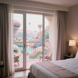 a pastel coloured high quality film photograph of a hotel room and balcony view in a dream state alien world. ambient light.