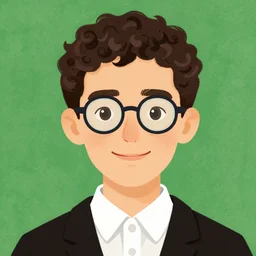illustration of jewish young man with glasses, dark short curly hair smiling, in the style of eric carle