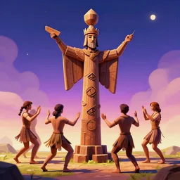 a wooden slavic totem of piorun god surrounded by dancing people, synthwave style digital art picture