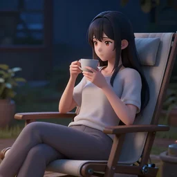 nighttime, a beautiful anime woman enjoying a cup of tea while sitting on a reclining chair, anime, concept art, trending on artstation 3D.