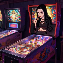 pinball machine theme of an cartoon occult priestess
