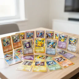 a pile of the most rare pokemon cards ever created sitting on a table in a bright room.