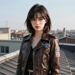 anime girl dressed in a leather jacket with colorful badges and fashionable glasses stands on the roof of a japanese house with a pink bass guitar in her hands against the backdrop of a magical sunset, side view, comic