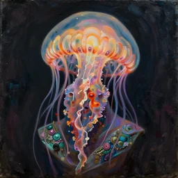cinematic bust portrait of psychedelic jellyfish, head and chest only, exotic alien features, Tim Hildebrandt, Wayne Barlowe, Bruce Pennington, donato giancola, larry elmore, oil on canvas, masterpiece, trending on artstation, featured on pixiv, cinematic composition, dramatic pose, beautiful lighting, sharp, details, hyper-detailed, HD, HDR, 4K, 8K