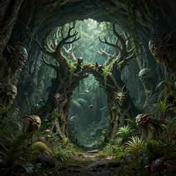 underground cave on an exotic alien planet, dark jungle gates of antler trees, weed overgrowth, insectile plants, demon faces, skulls, by ian miller, rodney matthews and artstation, hyperdetailed, photorealistic render