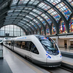 futuristic brussels with white futuristic train station with blue lights and stained glass, glass dome, hyperdetailed, artstation, cgsociety, 8 k