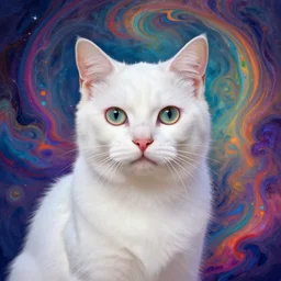 white cat by amanda sage, in the style of victo ngai, background vibrant, coloured, mystical swirls, animal portrait