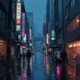 Cyberpunk street on a rainy day in Japan, evening, low angle view, detailed matte painting, cinematic, Moebius, Artstation