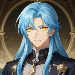 portrait of rimuru tempest hunter hunter, male, thin pursed lips, sharp jaw, yellow irises light blue hair soft hair swept back medium length hair, anime, fantasy, intricate, elegant, highly detailed, digital painting, artstation sharp focus, hunterpedia madonna art by artgerm and ruan jia and ross tran