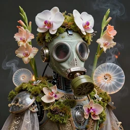 3 d close - up portrait of the retrofuturistic robot in vintage gas mask in midsommar style clothes and crown overgrown with moss and giant orchid flowers and giant gladiola flowers, intricate, elegant, surrounded by smoke and burning. translucent nautilus, highly detailed, by wlop, tooth wu, greg rutkowski, alena aenami