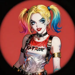 hyper detailed comic illustration of a Rococopunk Harley Quinn , hourglass figure, gorgeous face, by Hayao Miyazaki intricate details, bright vibrant colors , solid background, low angle fish eye lens