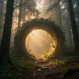 photograph of an interdimensional portal!!!, appearing in the middle of a forest, fog, rain, volumetric lighting, beautiful, golden hour, sharp focus, ultra detailed, cgsociety