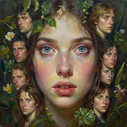 painting of a girl with wonderful eyes, and plants and flowers portrait of a character in oil on canvas by gerald brom and greg rutkowski, michael cheval, peter murbacher, boris vallejo, jessica rossier, cinematic lighting, high detail, masterpiece, a lot of wow, the headquarters of fantasy art artstation