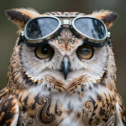 a stunning ultra detailed fantasy fine art closeup portrait photo of an owl wearing aviators, looking awesome, by tom bagshaw, artgerm and natalie shau, henna tattoos on the face, paisley designs, 8 5 mm lens, deep depth of field, perfect closed eyes and face, soft lighting