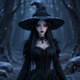 portrait of beautiful darkness witch 3D anime girl, dark forest background, snowing, bokeh, inspired by Tim Burton, digital painting, unreal engine render, volumetric light, high détail