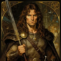 oscar isaac as conan the barbarian, portrait, dark atmosphere, high fantasy, illustration, style of alphonse mucha