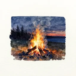 small centered on white watercolor paper, paint brush strokes, abstract watercolor painting of scandinavian smoking bonfire, smoke, nightfall sharp light, cinematic light, american romanticism by hans dahl, by jesper ejsing, by anders zorn, by greg rutkowski, by greg manchess, by tyler edlin