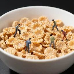 a macro photograph of tiny people trying to escape a bowl of cereal, studio lit
