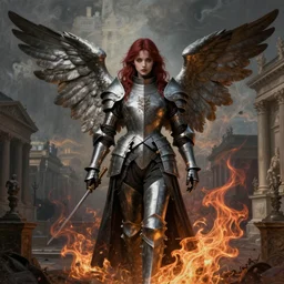 Angel knight gothic girl on a neoclassical city. By (Rembrandt painting(100)(fractal flame)), highly detailded