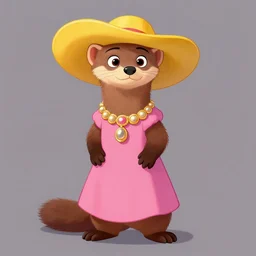 cel shaded illustration : female marten character : wearing jewelry : wearing a pink dress : wearing yellow hat : head torso legs feet : lorax movie : artstation