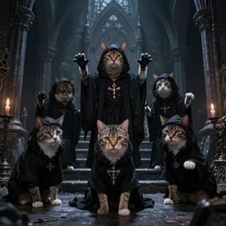 the group of cats dressed in ritual hoodies performing strange black magick ritual in a dark gothic temple of antichrist