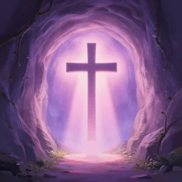 a christian cross as the light is shining at the end of the tunnel, paradise outside of the tunnel, with pale purple and pale pink lighting, cute, aesthetic, anime, with a few vines and overgrowth, studio ghibli, cinematic, painting, high definition, digital art, symmetrical, very detailed, extremely high detail, photo realistic, concept art, unreal engine 5,