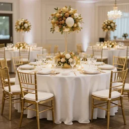 walnut, gold, and white themed wedding reception