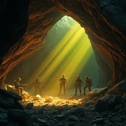 soldiers in a cave, we can see the exit of a cave, there are rays of green yellow light coming out of it, insanely beautiful and highly detailed concept art, ultrafine highly detailed hyper colorful illustration, sharp focus, rozalski, craig mullins, federico pelat, unreal engine highly rendered, global illumination, radiant light, intricate and detailed environment, for a movie film still by