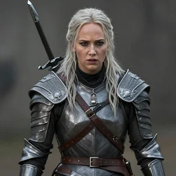 jennifer lawrence cast as ciri in the witcher netflix series, battle scene, wearing armour, glaring angrily