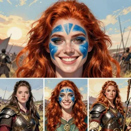 Rafeal Albuquerque comic art, Joshua Middleton comic art, pretty female Rose Leslie, Scottish warrior, scots blue facepaint, big smirk, symmetrical face, symmetrical eyes, long red hair, full body, battlefield background:: sunny weather::