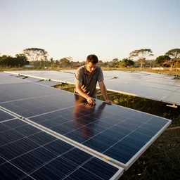 man working on solar panel in south america, golden hour, central composition, cinestill 8 0 0 t