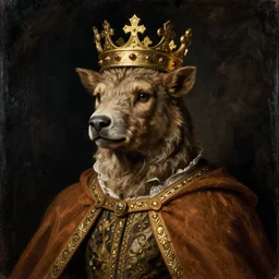 a renaissance style portrait painting of an animal, wearing a crown and cape, dark background