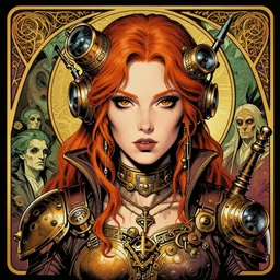 a detailed portrait illustration of a steampunk tech - sorcerer. beautiful female face, ginger. art nouveau, pop art, comic book style. influenced by neil gaiman, h. p. lovecraft, dan mumford, brian froud, heade, killian eng, ross tran.
