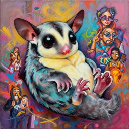 beautiful painting of a hiphop graffiti sugar glider king chilling, by sherree valentine daines, peter mohrbacher, alice neel, donato giancola, mike winkelmann, laurie greasley. trending on artstation, 8 k, masterpiece, graffiti, fine detail, full of color, intricate detail, golden ratio illustration