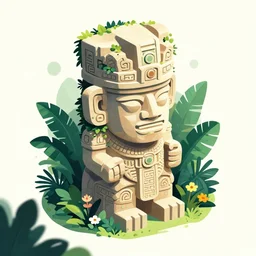 ( ( dither ) ), editorial illustration portrait of an isometric mayan statue, jungle, foliage overgrowth, flowers, modern art deco, ( ( mads berg ) ), christopher balaskas, rich grainy texture, detailed, dynamic pose, matte print, risograph, wood block print, unreal engine, colorful, vibrant