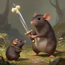 antropomorphic rat character buying a sword made out of bone from a trader rat, fantasy art