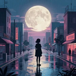 an immaculate isometric cinematic keyframe matte painting of the silhouette of a young japanese girl standing in wide wet street 1 9 7 0 s vaporwave rust belt city at dusk with an oversized moon, just after the rain has cleared. by eric lafforgue, glennray tutor and edward hopper, greg rutkowski. trending on artstation.