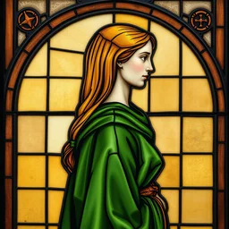 side - view portrait of triss merigold, long green coat, tenth century stained glass window, beige and brown background, one panel, very masterful