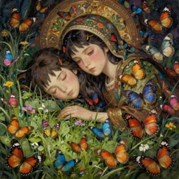 breathtaking detailed concept art painting of the sleeping at meadow goddess of colourful butterflies, orthodox saint, with anxious, piercing eyes, ornate background, amalgamation of leaves and flowers, by Hsiao-Ron Cheng, James jean, Miho Hirano, Hayao Miyazaki, extremely moody lighting, 8K