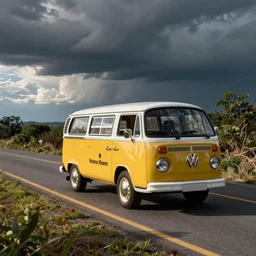 A VW Microbus driving on a road to hotline Miami