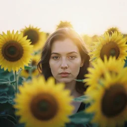 An analog head and shoulder frontal face portrait photography of a woman behind multiple sunflowers by Oleg Oprisco. Kodak Portra 800 film. Depth of field. whirl bokeh. Sunshine. Golden hour. detailed. hq. realistic. warm light. muted colors. Moody. Filmic. Dreamy. lens flare. Leica M9, f/1.2, symmetrical balance, in-frame
