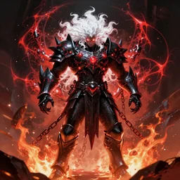 a lone warrior controlling the power of his inner evil alter ego 2022 abyssal  resonance black glowing red and white fractal insanity inner shackled and chained hyperbeast by Brock Hofer digital art, jagged black imperial armor, very very long fluffy curly white hair, glowing eyes, central composition, lone warrior standing in the center on fire, ArtStation  GTA cover comics style  by James Gurney and beeple   global illumination Volume lighting Pixar and Disney tone mapping