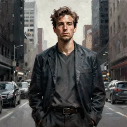 painting of the figure of a man in an urban scenery, high contrast, concept art, city, dramatic lighting, digital art, 8 k, extremely detailed, drawn by ruan jia