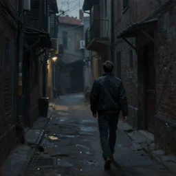 dim lit, dark alley street with a man walking, depth of field, very atmospheric, painting inspired from artstation