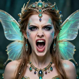 portrait of angry fairy with her mouth wide open, symmetric, facepaint facepaint facepaint, intricate jewelry, trending on artstation 4 k, in the style of karol bak and tom bagshaw, bust with face of emma watson