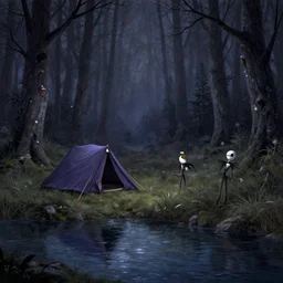 a tent by the river in the deep, remote woods by martine johanna, from nightmare before christmas | detailed | elegant | trending on artstation