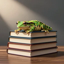 the! geico! gecko on a table,! being crushed! by a stack of books